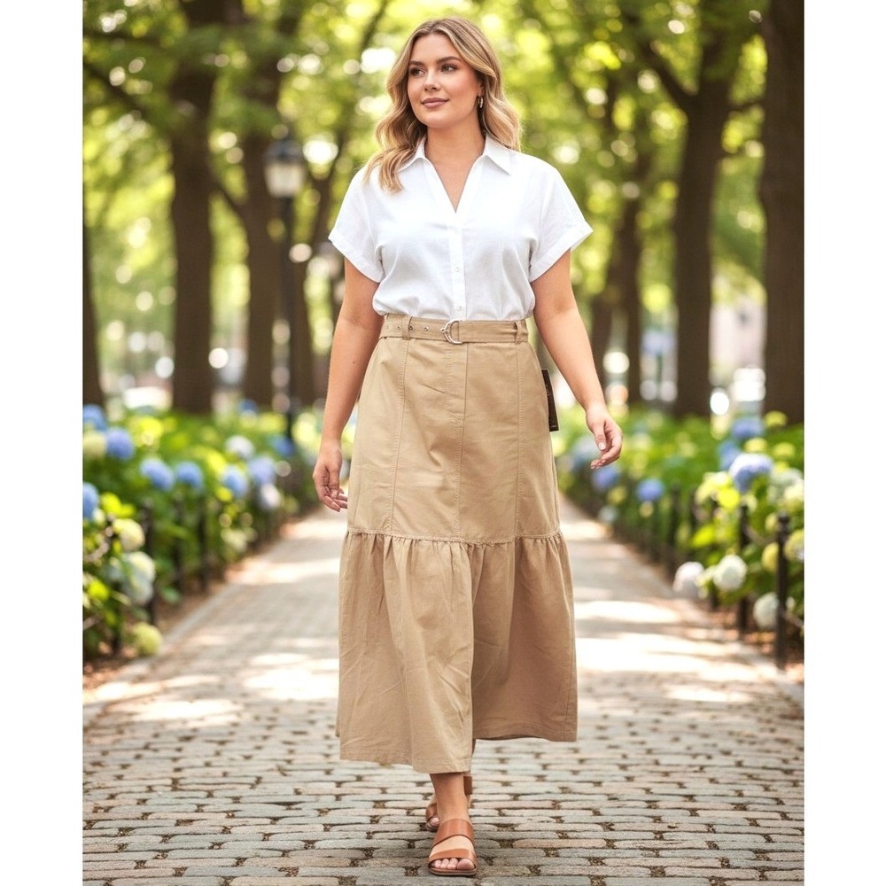 NEW‎ Tiered Maxi Skirt Womens X-Large Tan Belt Ruffle Cotton Blend Stretch Waist